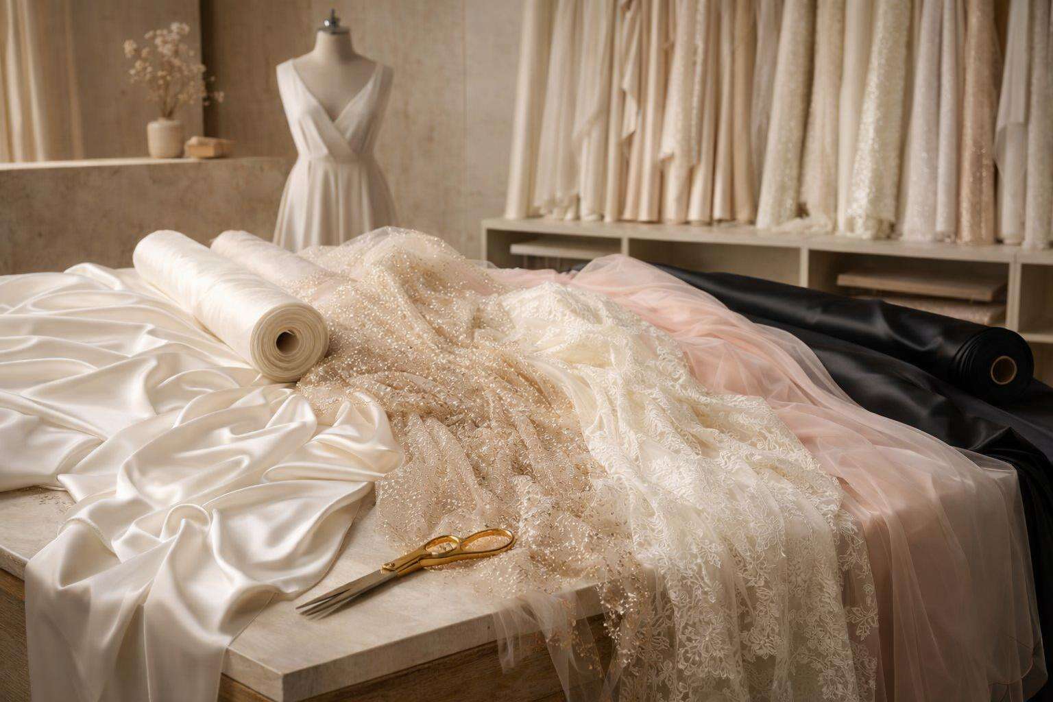 Premium textiles arranged in a refined atelier
